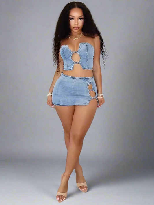 Denim Strapless 2 Piece Set