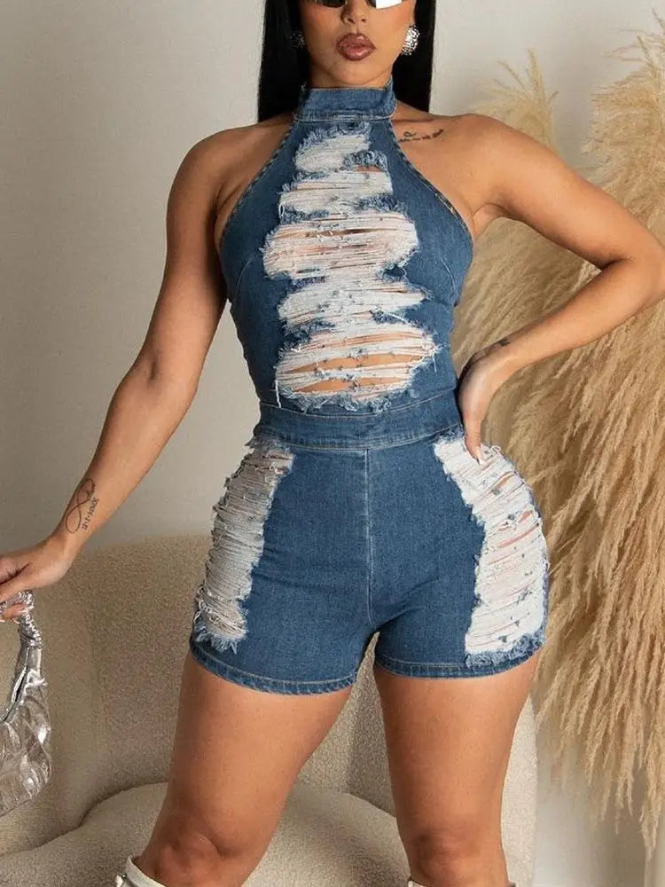 distressed jean romper